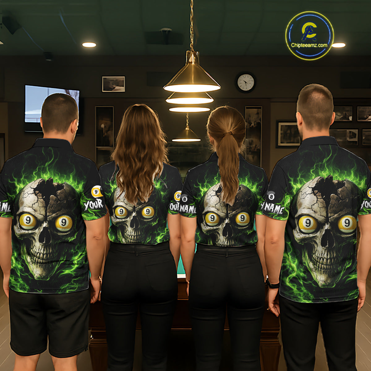Green Flaming Cracked Skull 8 Ball & 9 Ball Pool Billiard Shirt For Men Custom Billiard Apparel NYN2635