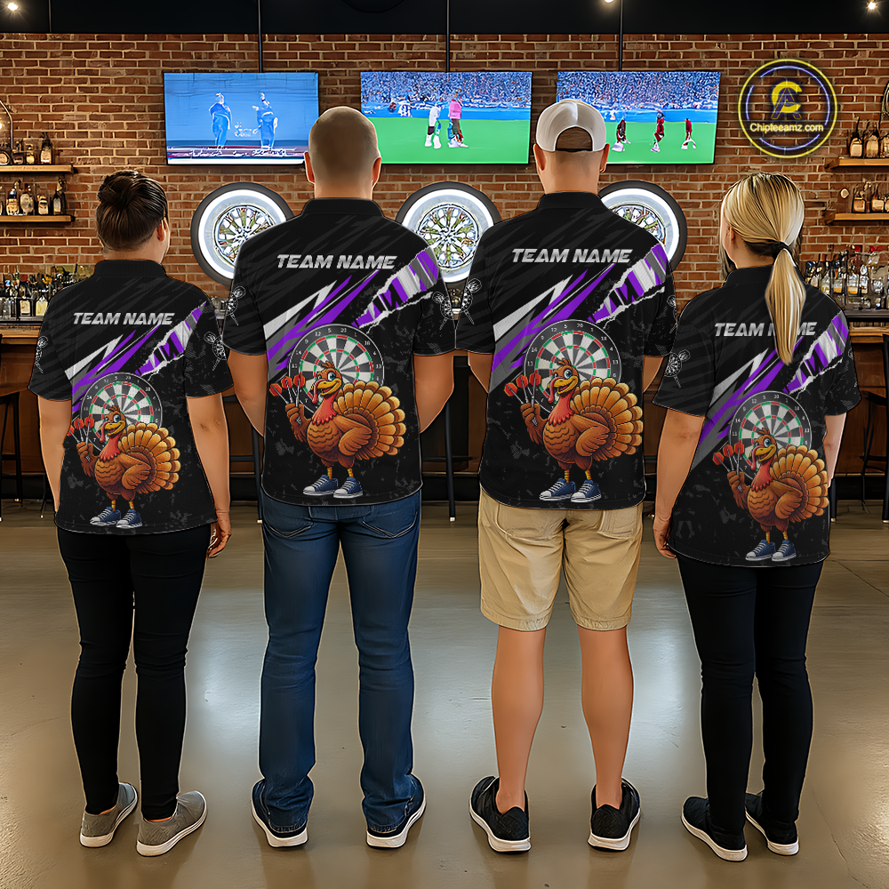 Purple Funny Turkey Chicken Darts Shirt for Men Darts Team Jerseys Polo & 1/4 Zip Dart League NNT130