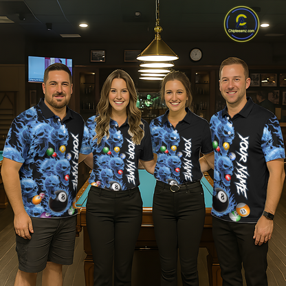 Custom Blue Flame Skull 8 Ball Pool Billiard Shirt for Men Polo & 1/4 Zip, Billiard Team Jerseys NNT160
