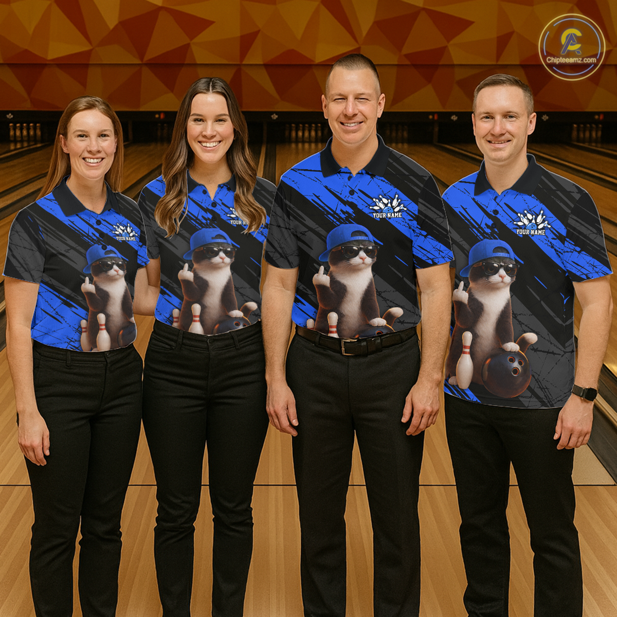 Custom Funny Cat Blue Bowling Jersey for Men Bowling Polo & 1/4 Zip Bowling Team Shirts HNT198