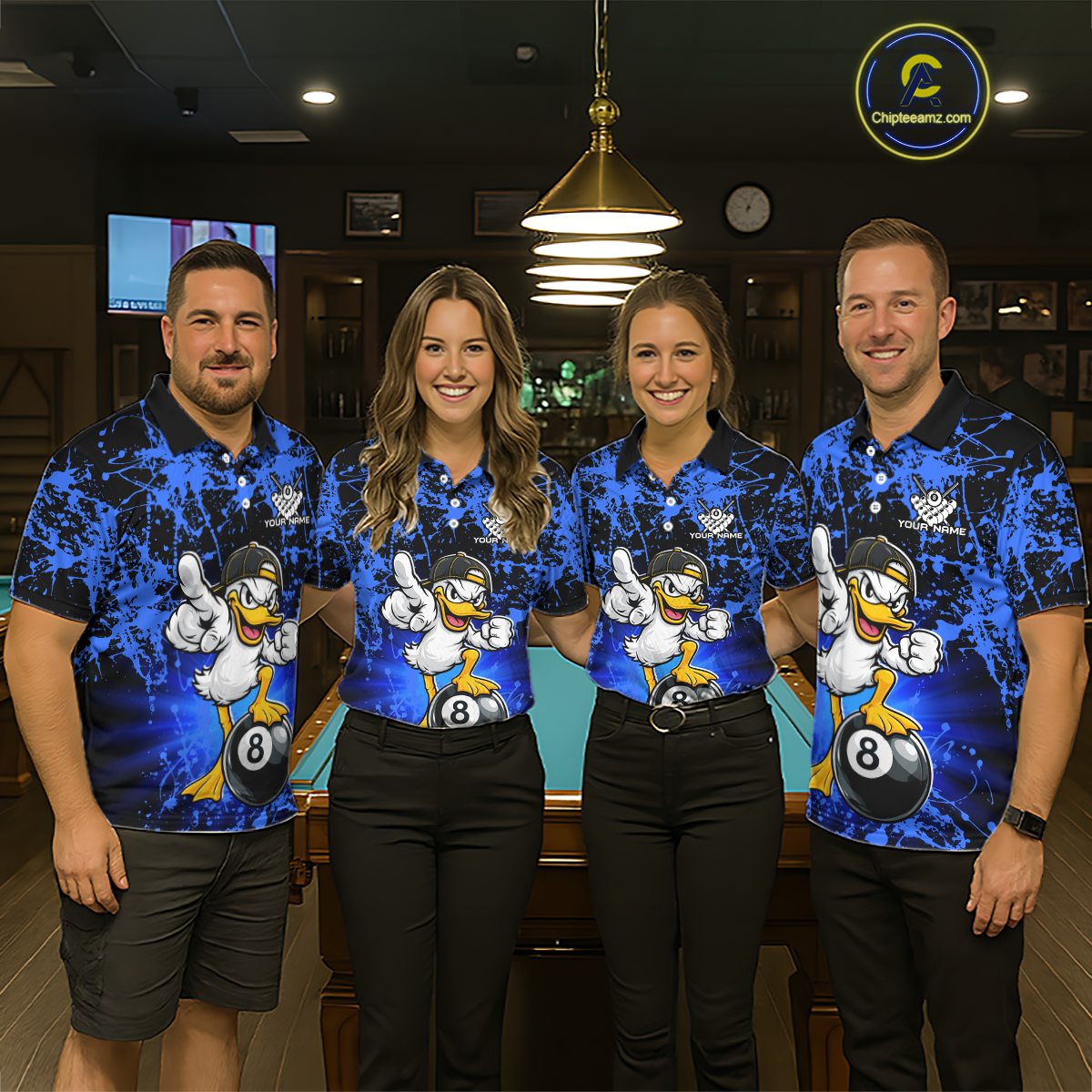 Custom Blue Funny Duck Billiard Shirt for Men Billiard Team Jersey League 8 Ball Pool Shirts NNT171