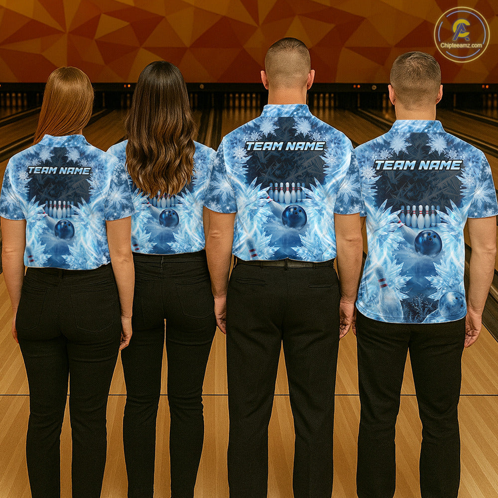 Icy Womens Bowling Shirts Custom Snowflake Icy Bowling Ball And Pins Team League Bowler Jerseys NYN3070
