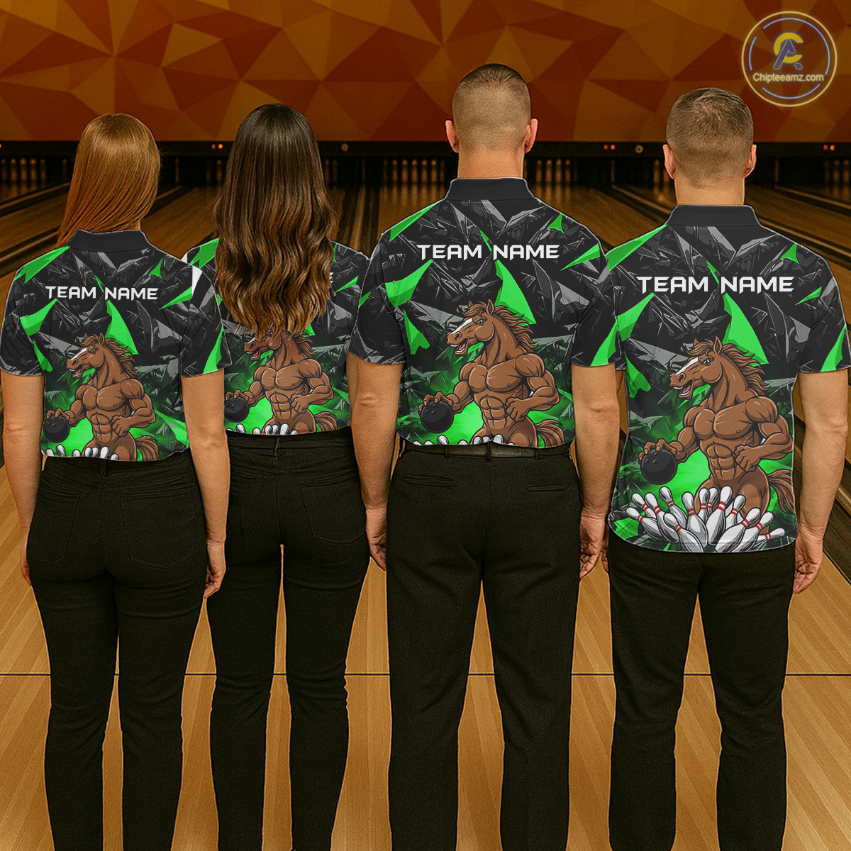 Custom Green Funny Horse Bowling Jersey for Men Bowling Team Shirts Bowling League Polo & 1/4 Zip HNT183
