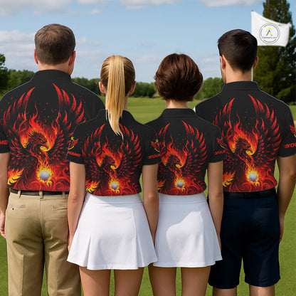 Womens Golf Polo Shirt Custom Phoenix Red Flame Team Golf Tops, Black Golf Outfit For Ladies NHN0084