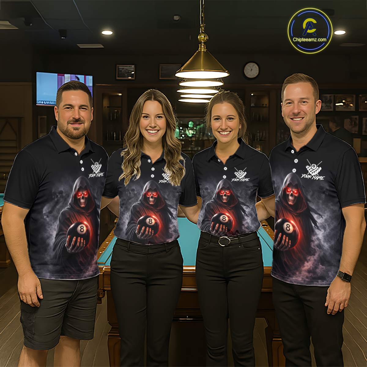Custom Grim Reaper Billiard Shirts for Women 8 Ball Pool Shirt Polo & Quarter-Zip Billiard Jersey Unisex BHT7
