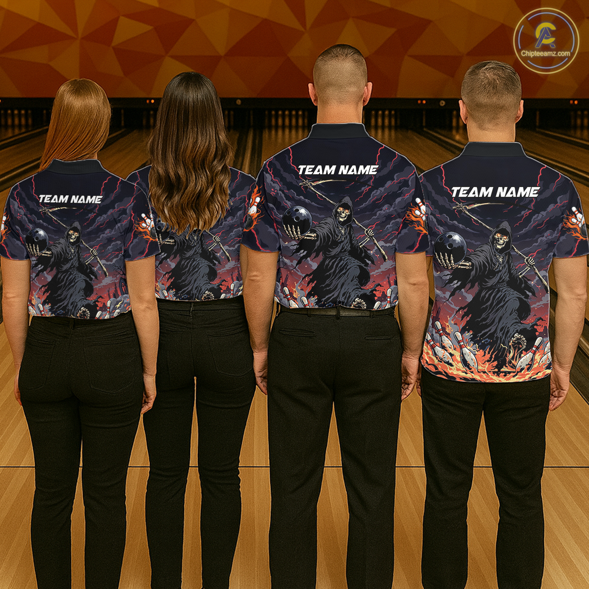 Custom Grim Reaper Flame Bowling Jersey for Women Bowling Team Shirts Polo & 1/4 Zip HNT193