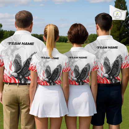 Womens Golf Polo Shirt Custom Eagle Red Flame Team Golf Tops, White Golf Outfit For Women NHN0070