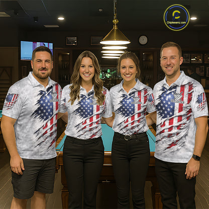 Personalized White Grunge American Flag Skull Pool 8 Ball Men's Billiard Team Shirt Billiard Attire NYN2671