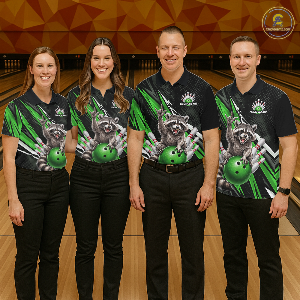 Custom Green Raccoon Bowling Jersey for Men Bowling Team Shirts Bowling Polo & 1/4 Zip HNT254