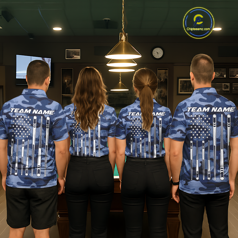 Custom Blue Camo 8 Ball Billiard Shirts for Women Billiard League Billiard Team Shirts NNT106