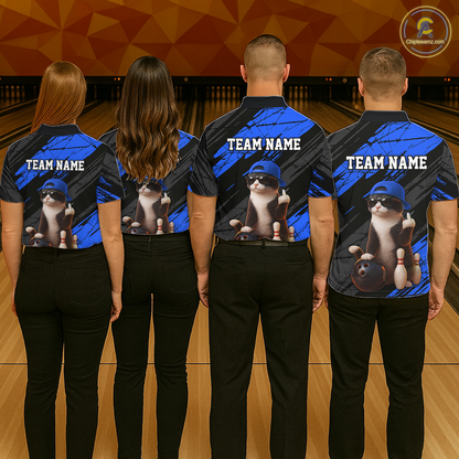 Custom Funny Cat Blue Bowling Jersey for Men Bowling Polo & 1/4 Zip Bowling Team Shirts HNT198