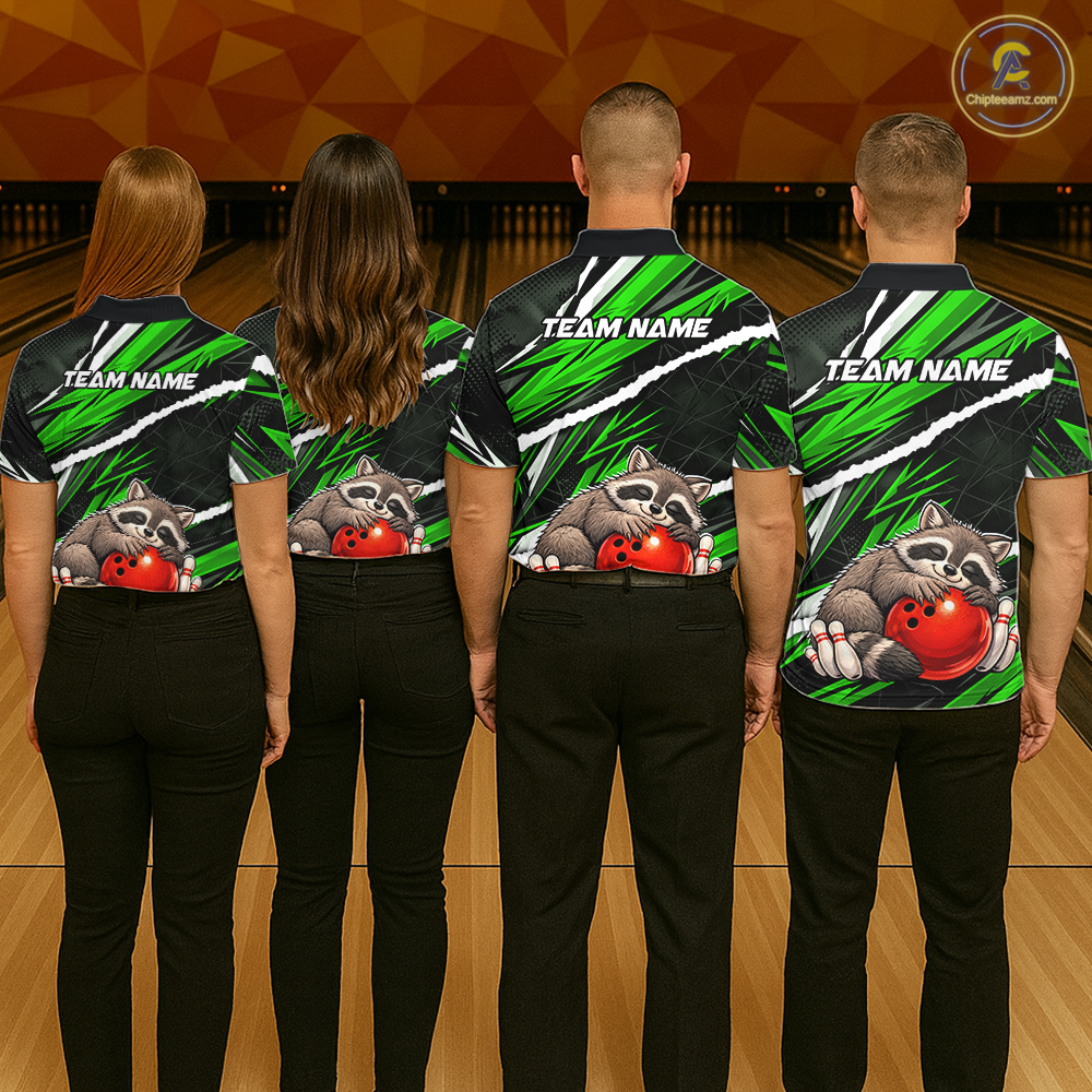 Custom Green Raccoon Funny Bowling Jersey for Women Bowling Team Shirts Polo & 1/4 Zip HNT247