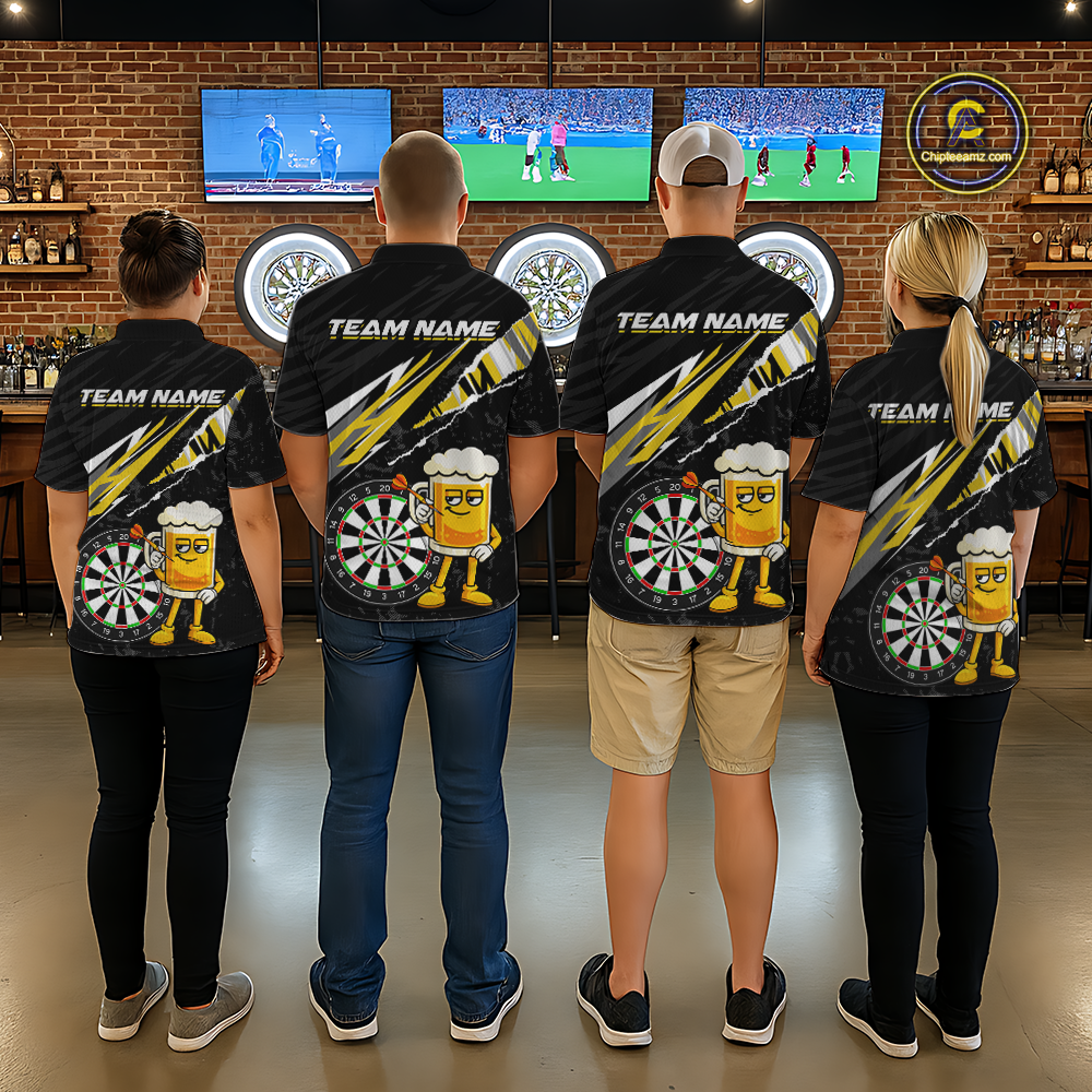 Custom Yellow Funny Beer Dart Shirts for Men Darts Team Jerseys Dart Tournament Polo & 1/4 Zip NNT139