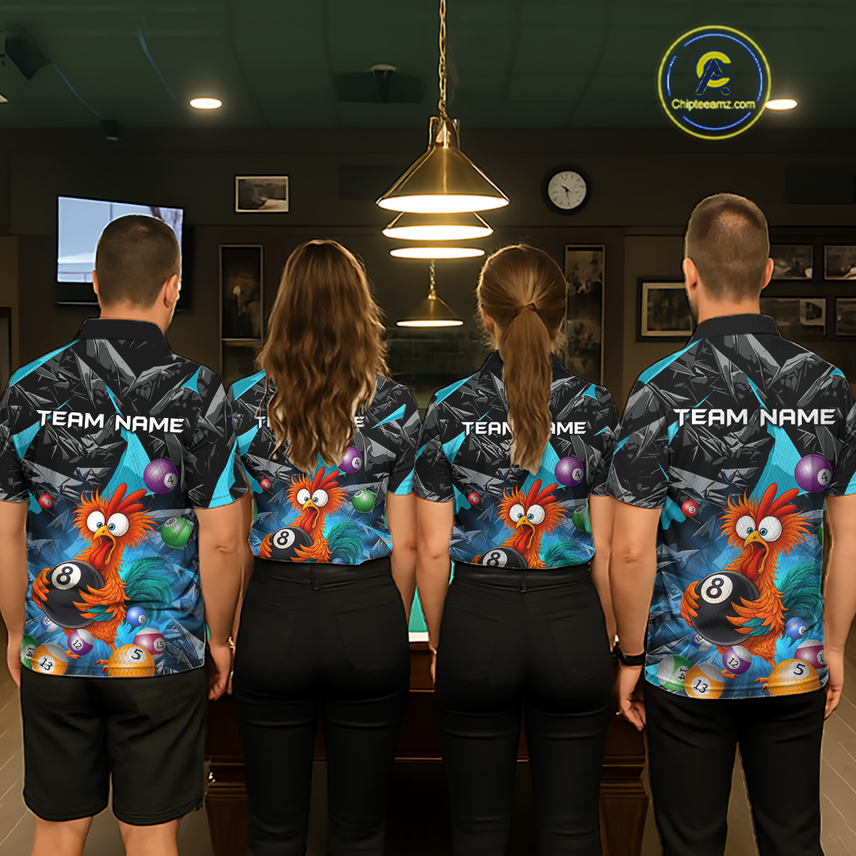 Custom Funny Turquoise Chicken 8 Ball Pool Billiard Shirt for Women Polo & 1/4 Zip, Billiard Team Jerseys NNT148