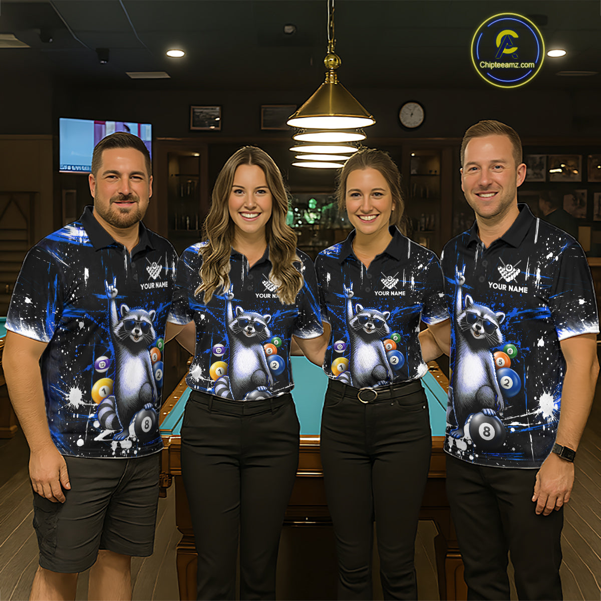 Custom Blue Funny Raccoon Billiard Shirt for Men 8 Ball Pool Billiard Jersey Polo & 1/4-Zip BHT5