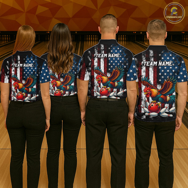Custom Rooster US Flag Bowling Jersey for Women Bowling Team Shirts Bowling Polo & 1/4 Zip HNT259