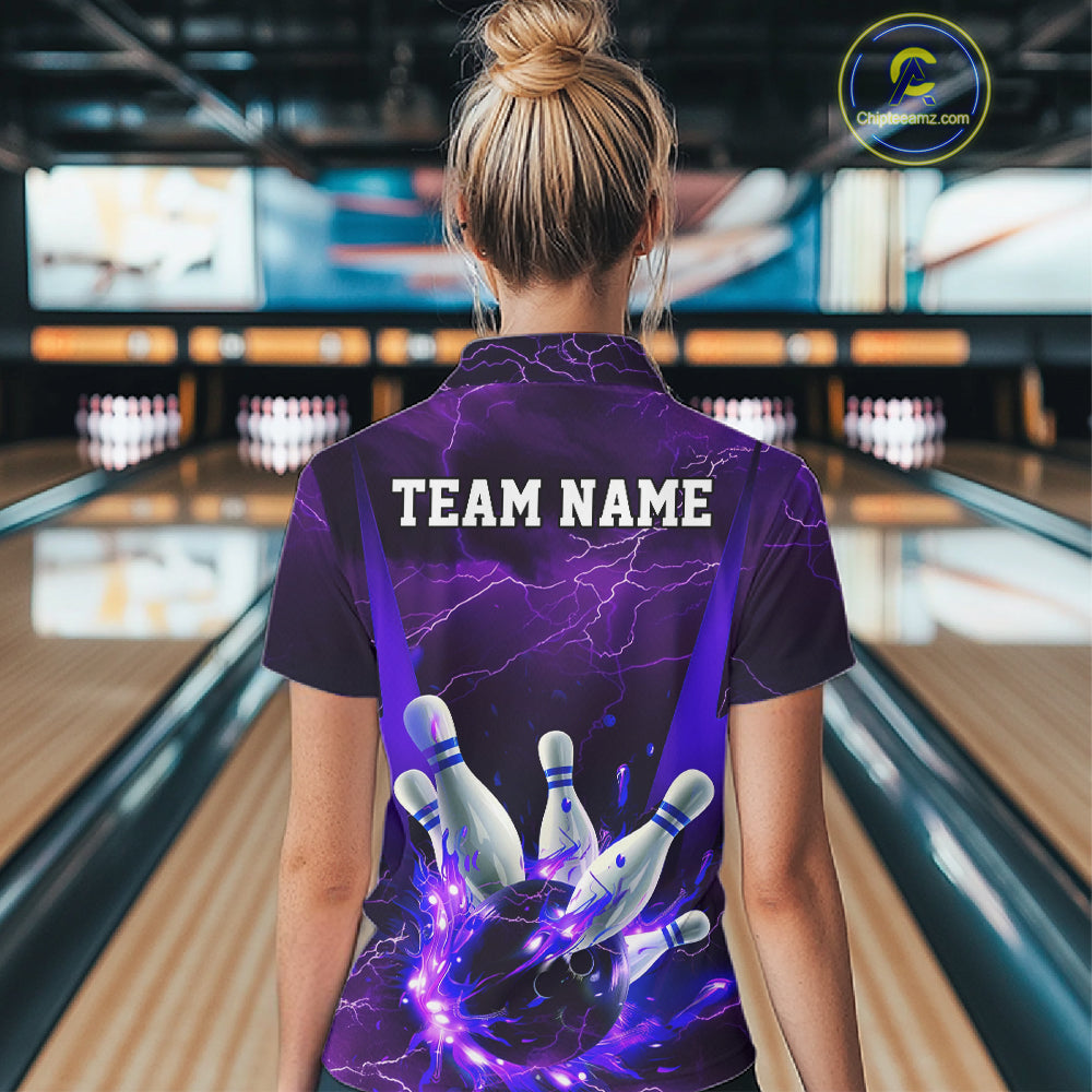 Purple Thunder Lightning Custom Ladies Bowling Shirts, Flame Bowling Jerseys With Team Name IPHW7161