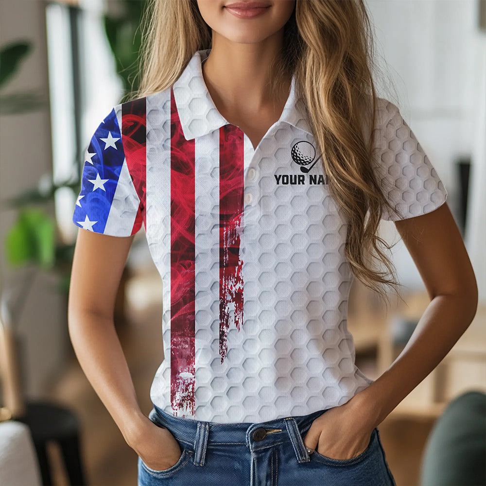 Red, White and Blue Smoke American Flag Women golf polo shirts custom Patriotic Women white golf polo NQS9380