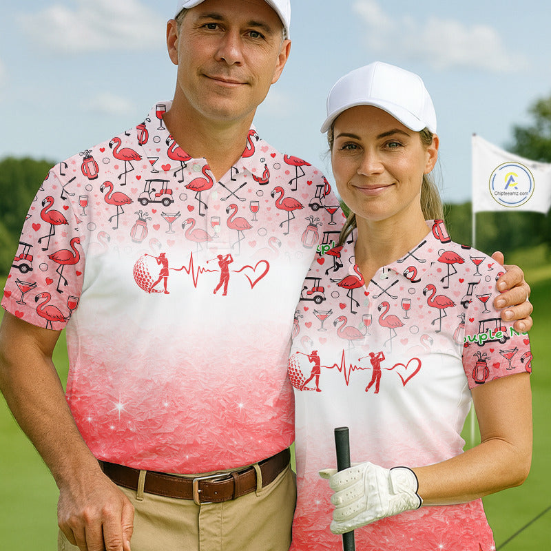 Red Flamingo Heart Theme Matching Golf Polo Shirt For Couple Custom Couple Valentines Outfit NHN0145