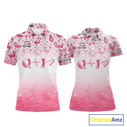 Pink Flamingo Heart Theme Matching Golf Polo Shirt For Couple Custom Couple Valentines Outfit NHN0145