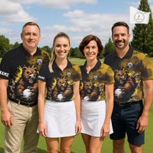 Load image into Gallery viewer, Mens Golf Polo Shirts Custom Yellow And Black Grunge Pattern With Bear Grasping Golf Ball Apparel NHN0063