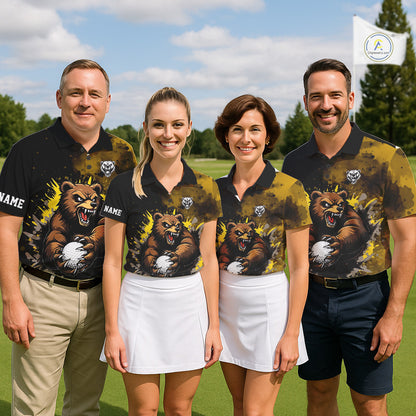 Womens Golf Polo Shirts Custom Yellow And Black Grunge Pattern With Bear Grasping Golf Ball NHN0063