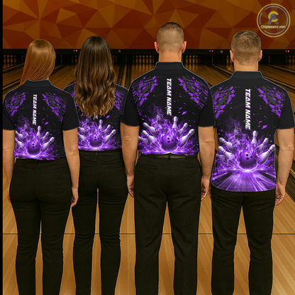 Custom Purple Flame Bowling Team Shirt for Men Polo & 1/4-Zip Bowling Jersey Bowling League Uniform QZT866