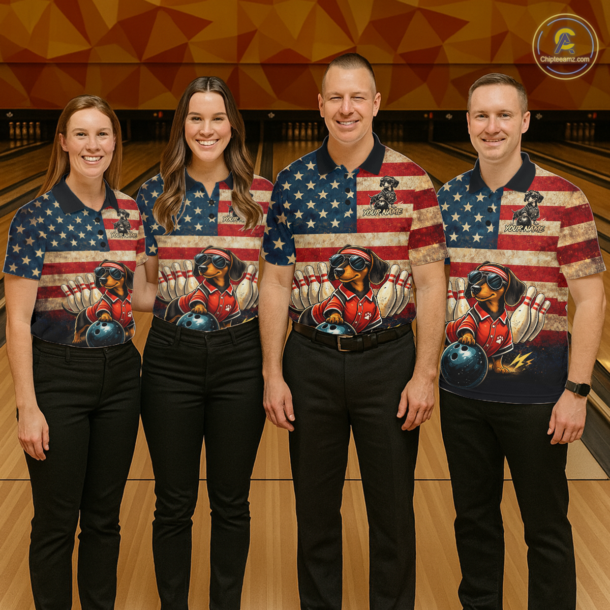 Custom American Flag Retro Dachshund Bowling Shirt Bowling Team Jersey for Women Polo & Quarter-Zip QZT942