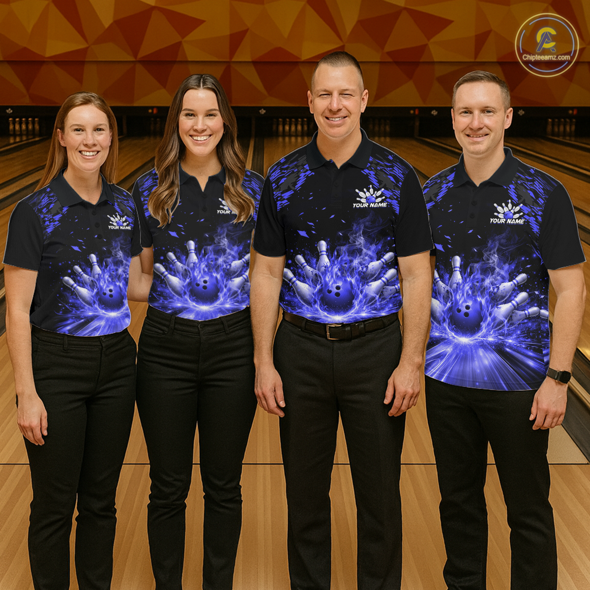 Custom Blue Flame Bowling Team Shirt for Women Polo & 1/4-Zip Bowling Jersey Bowling League Uniform QZT866