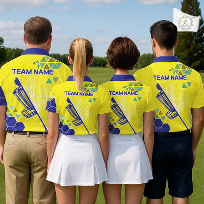 Blue And Yellow Hexagon Pattern Womens Disc Golf Polo Shirts Custom Team Disc Golf Jersey NHN0031