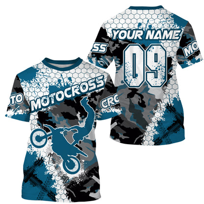 Women men kid custom Motocross jersey UPF30+ blue camo MX extreme biker racing off-road motorcycle PDT74