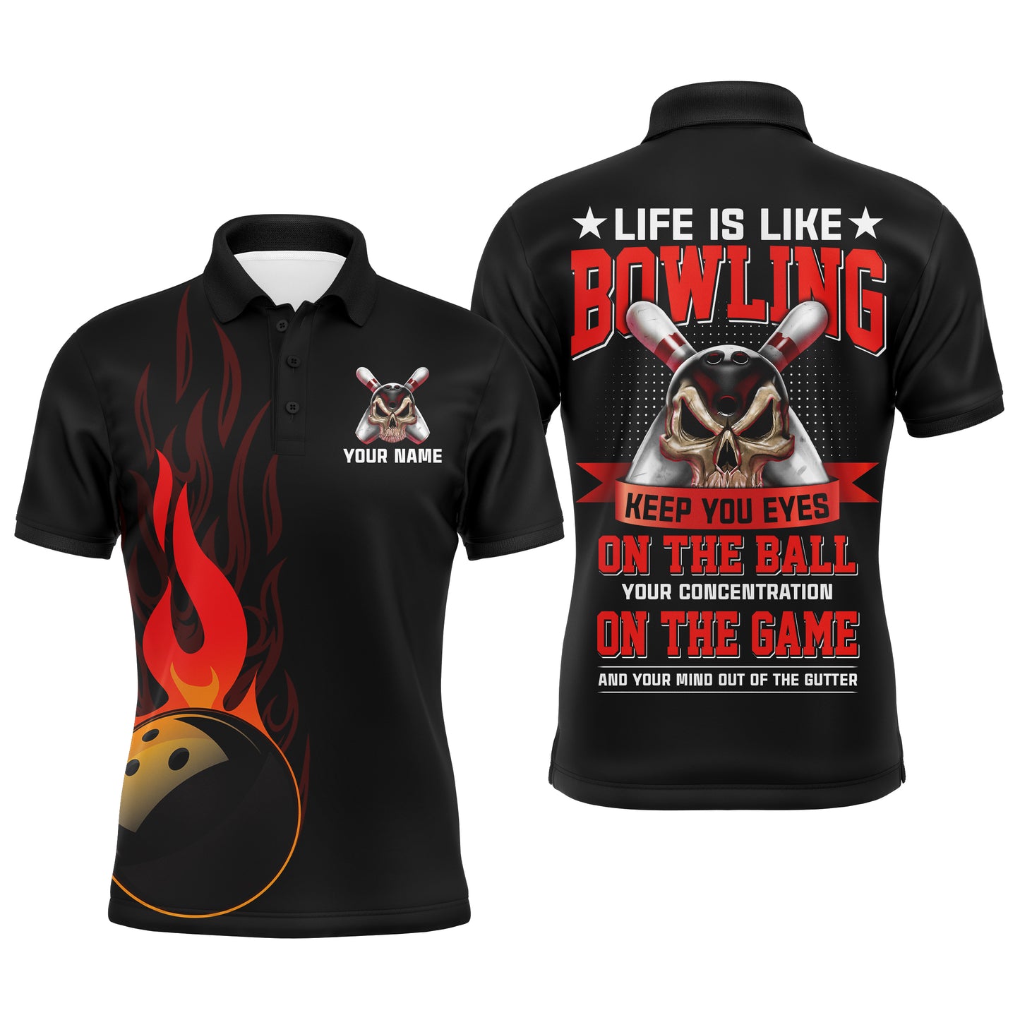 Flame Men Polo Bowling Shirt, Personalized Skull Bowlers Jersey Short Sleeves NBP61