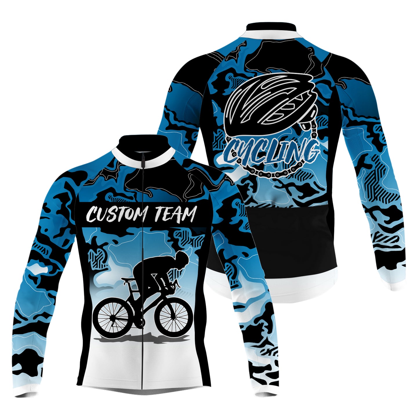 Camo blue mens cycling jersey UPF50+ Breathable biking shirt with full zip & pockets| SLC87