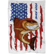 Load image into Gallery viewer, Redfish fishing American flag funny Red drum ChipteeAmz's art custom name fishing fleece blanket AT053