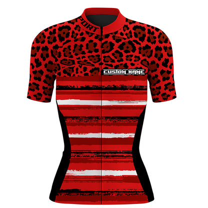Red leopard cycling jersey Women short sleeve bike clothing Full zipper biking tops with 3 pockets| SLC197