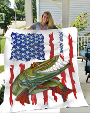Load image into Gallery viewer, Muskellunge fishing American flag funny Musky ChipteeAmz's art custom name fishing fleece blanket AT052