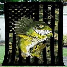 Load image into Gallery viewer, Largemouth Bass fishing American flag camo black funny bass fish ChipteeAmz's art custom fleece blanket AT049