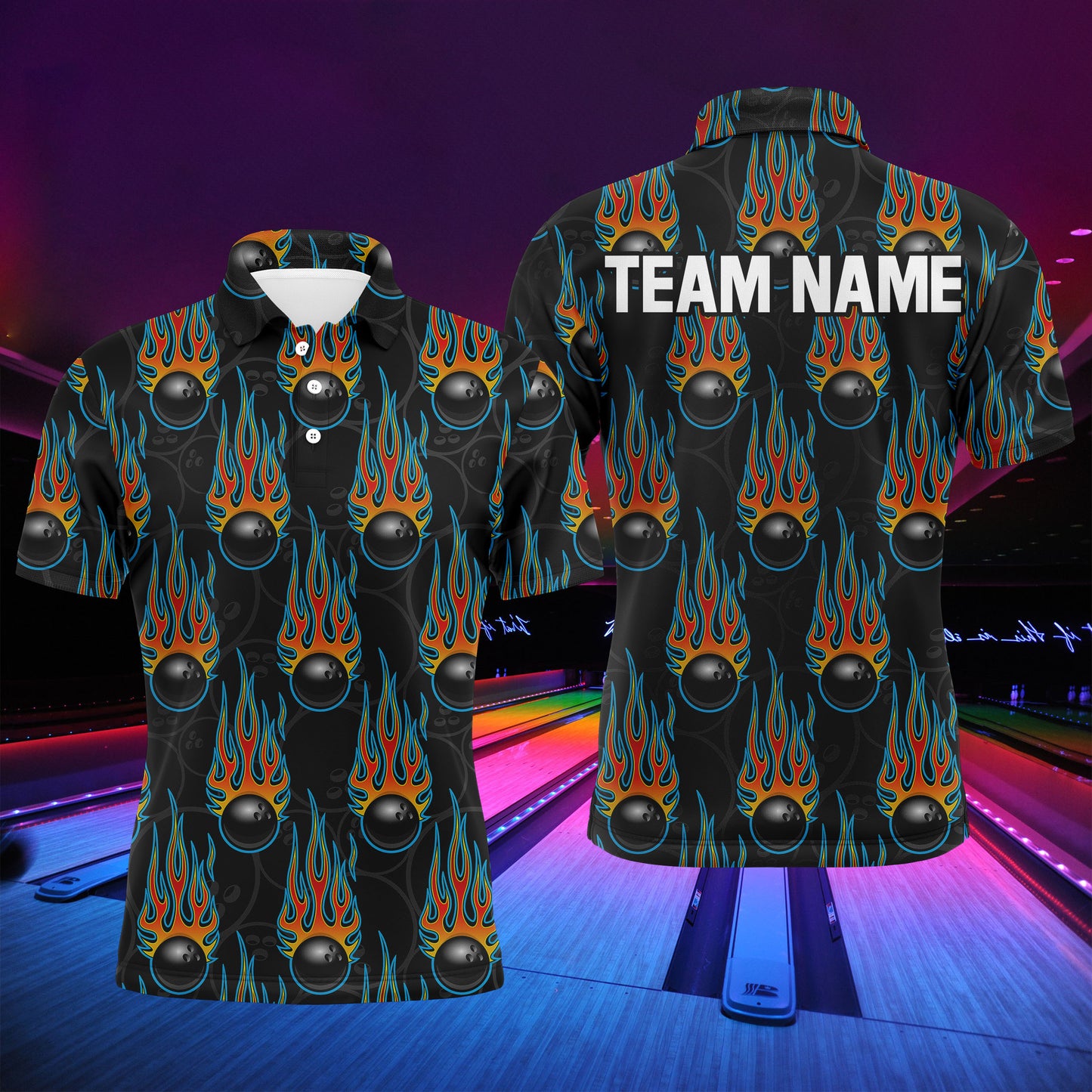 Flame Polo Bowling Shirt, Personalized Men Short Sleeves Bowlers Jersey Custom Team Name NBP40