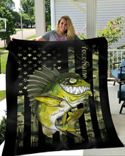 Load image into Gallery viewer, Largemouth Bass fishing American flag camo black funny bass fish ChipteeAmz's art custom fleece blanket AT049