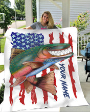 Load image into Gallery viewer, Trout fly fishing American flag funny rainbow trout ChipteeAmz's art custom name throw fleece blanket AT051