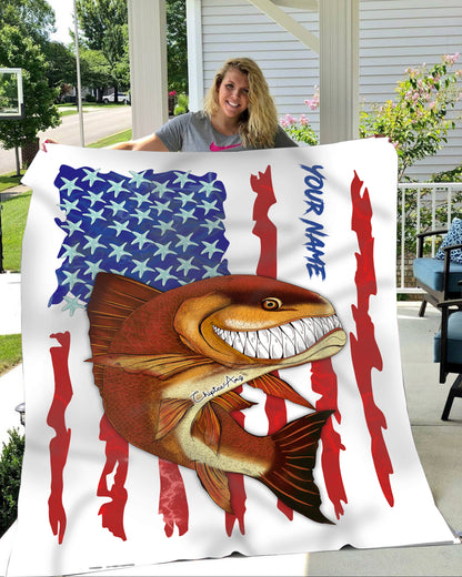 Redfish fishing American flag funny Red drum ChipteeAmz's art custom name fishing fleece blanket AT053