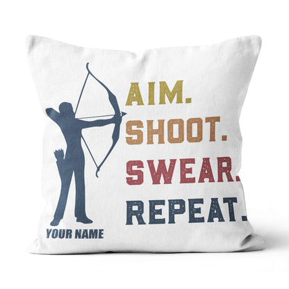 Funny Vintage Archery Aim Shoot Swear Repeat Custom Name White Pillow TDM0756