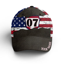Load image into Gallery viewer, American Flag Motorcycle Cap - Personalized Dirt Bike Plate Number BWB Hat for Bikers, Off-road Riders| NMS377