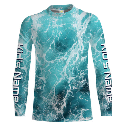 Custom Saltwater Long Sleeve performance Fishing Shirts, blue Sea wave camo Fishing jerseys IPHW1327