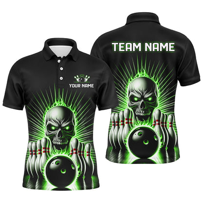 Green Flame Skull Custom Bowling Polo/ Quarter-Zip Team Shirts For Men Women, Bowler'S Outfits IPHW6023