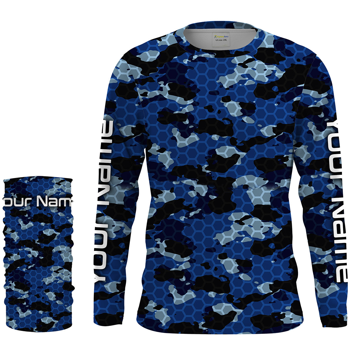 Custom Blue Fishing camo Long Sleeve performance Fishing Shirts, UV Protection Fishing apparel - IPHW1474