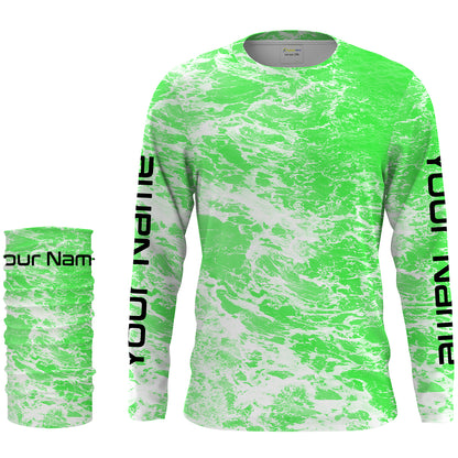 Custom Saltwater Long sleeve Fishing Shirts UV Protection, Sea wave camo Fishing Shirts | green - IPHW1502