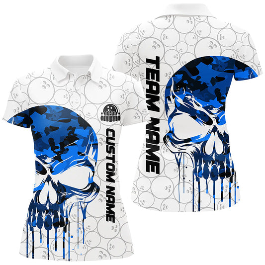 Custom Blue Camo Skull Bowling Polo Shirts Women Team Bowling Jerseys Bowling League Outfit IPHW5306