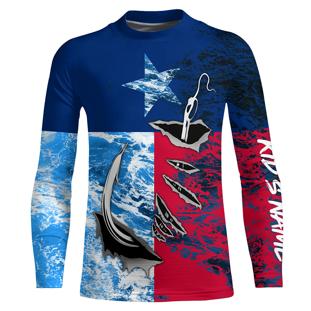 Texas Flag Fish Hook Custom Name Uv Long Sleeve Fishing Shirts With Ocean Waves Texture IPHW5067