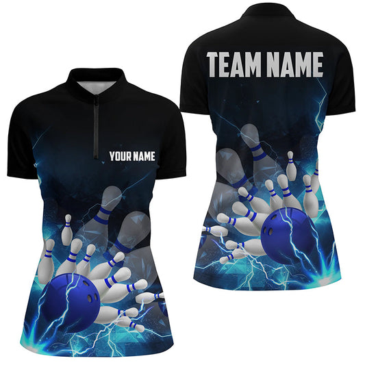 Blue Thunder Lightning Custom Bowling Quarter Zip Shirts For Men Team Name Bowling Jerseys IPHW5318